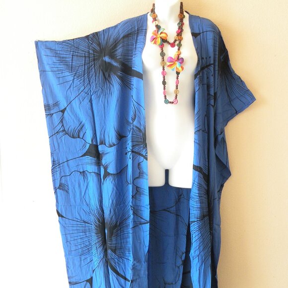 Other - CD701 Blue Batik Plus Open Kaftan Open Cover Up Maxi Cardigan fit up to 5X